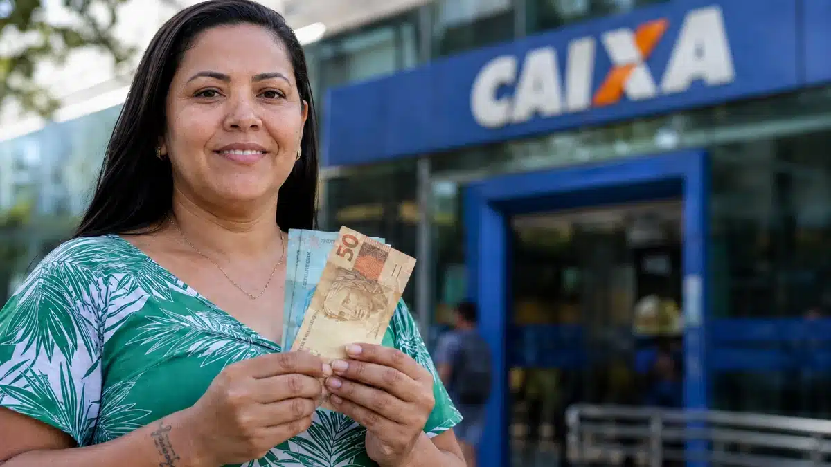 Mulher segura notas de reais em frente a uma agência da Caixa, em referência aos pagamentos de R$ 850, R$ 950 e R$ 1.050.