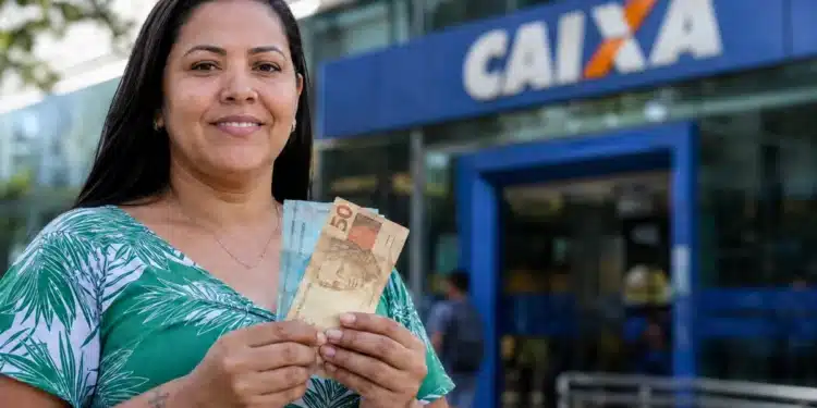 Mulher segura notas de reais em frente a uma agência da Caixa, em referência aos pagamentos de R$ 850, R$ 950 e R$ 1.050.