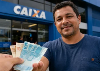 Homem recebe cédulas de real em frente a uma agência da Caixa, representando pagamento de R$ 1.000 que será liberado para CPFs com finais 0 a 9.