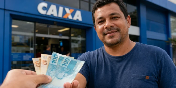 Homem recebe cédulas de real em frente a uma agência da Caixa, representando pagamento de R$ 1.000 que será liberado para CPFs com finais 0 a 9.