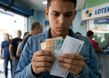 Jovem confere notas de dinheiro e boleto em frente a uma casa lotérica