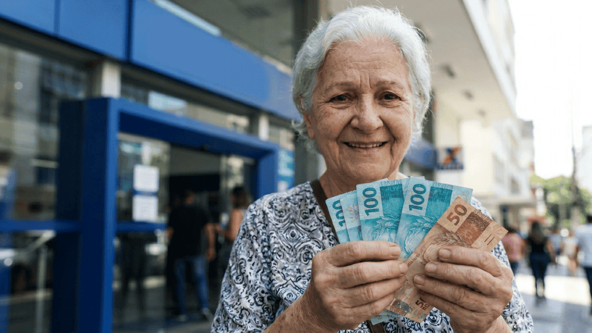 Idosa sorridente segurando cédulas do INSS, representando pagamento de R$ 8.475,55 com adicional de 50%