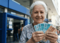 Idosa sorridente segurando cédulas do INSS, representando pagamento de R$ 8.475,55 com adicional de 50%