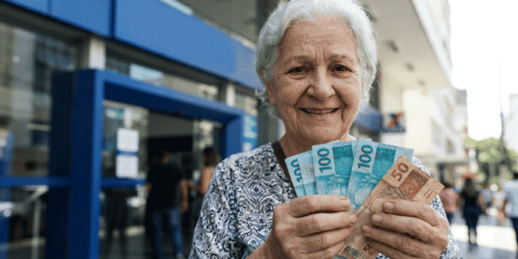 Idosa sorridente segurando cédulas do INSS, representando pagamento de R$ 8.475,55 com adicional de 50%