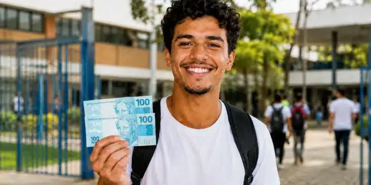 Estudante com mochila sorri segurando cédulas de real em frente a uma escola, representando o pagamento do Pé-de-Meia em junho.