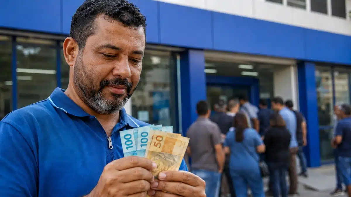 Trabalhador segura notas de R$ 50 e R$ 100 em frente a uma agência bancária, representando o pagamento de até R$ 3.746 do PIS/Pasep em junho.