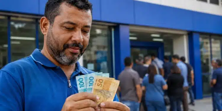 Trabalhador segura notas de R$ 50 e R$ 100 em frente a uma agência bancária, representando o pagamento de até R$ 3.746 do PIS/Pasep em junho.
