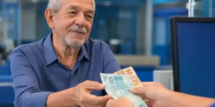 Idoso recebendo pagamento em agência do INSS, representando pagamentos no teto de R$ 8.475,55 liberados nesta semana.