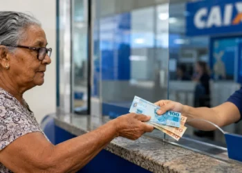 Pessoa idosa recebendo dinheiro em banco, representando o pagamento do BPC em junho de 2026.