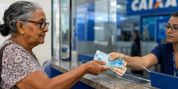 Pessoa idosa recebendo dinheiro em banco, representando o pagamento do BPC em junho de 2026.