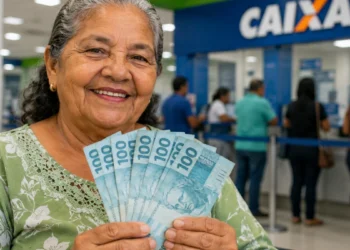 Idosa sorridente segurando notas de R$ 100 em agência bancária, representando o pagamento de R$ 8.475,55 do INSS em junho.