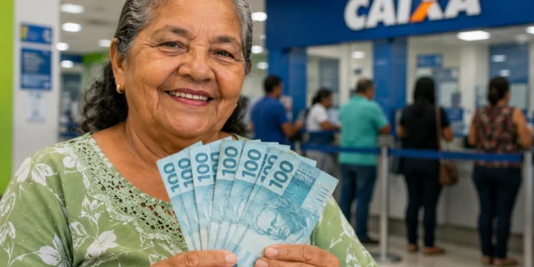 Idosa sorridente segurando notas de R$ 100 em agência bancária, representando o pagamento de R$ 8.475,55 do INSS em junho.