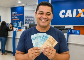 Homem sorrindo em agência da Caixa, segurando cédulas de real, representando a liberação de pagamentos de até R$ 5.121 em junho de 2026.