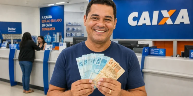 Homem sorrindo em agência da Caixa, segurando cédulas de real, representando a liberação de pagamentos de até R$ 5.121 em junho de 2026.