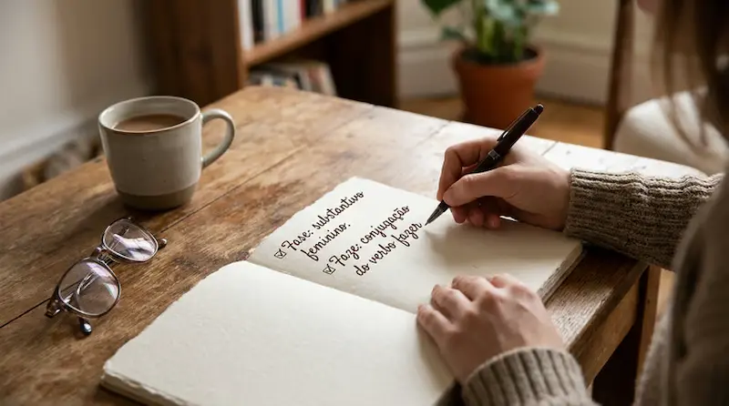 Pessoa escrevendo em um caderno exemplos sobre a diferença entre as palavras faze e fase.
