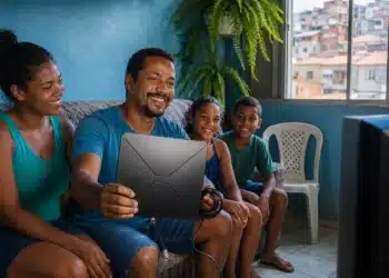 Família brasileira em uma sala modesta com antena digital, representando a distribuição gratuita do equipamento para acompanhar os jogos da Copa do Mundo.
