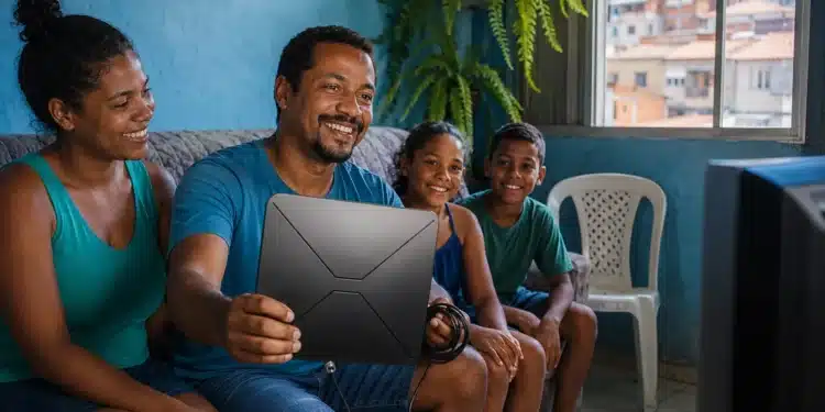 Família brasileira em uma sala modesta com antena digital, representando a distribuição gratuita do equipamento para acompanhar os jogos da Copa do Mundo.