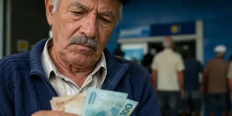 Idoso conferindo cédulas em agência bancária, representando o anúncio de pausa nos pagamentos do INSS nesta semana.