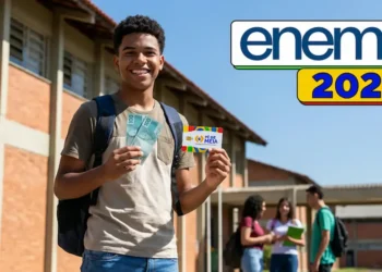 Estudante em frente à escola segurando dinheiro e cartão do Pé-de-Meia, com destaque para o Enem 2026.