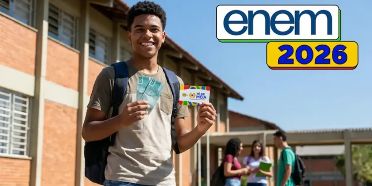Estudante em frente à escola segurando dinheiro e cartão do Pé-de-Meia, com destaque para o Enem 2026.