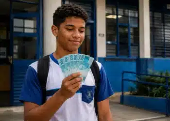 Estudante do ensino médio segurando dinheiro, simbolizando o recebimento do incentivo de R$ 1.000 do Pé-de-Meia até 6 de julho.