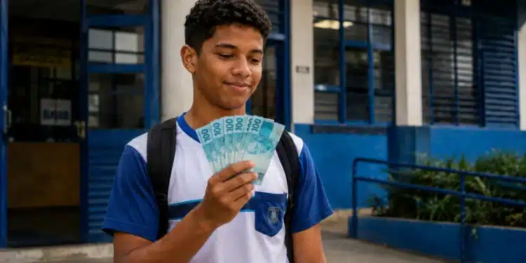 Estudante do ensino médio segurando dinheiro, simbolizando o recebimento do incentivo de R$ 1.000 do Pé-de-Meia até 6 de julho.