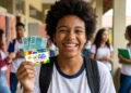 Aluno sorridente segura cartão do Pé-de-Meia e notas de dinheiro em corredor escolar.