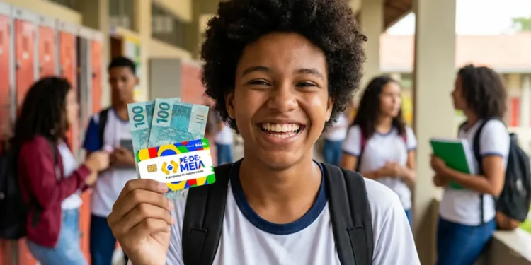 Aluno sorridente segura cartão do Pé-de-Meia e notas de dinheiro em corredor escolar.
