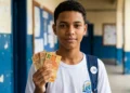 Estudante segurando notas de dinheiro do programa Pé-de-Meia, recebendo pagamento de junho.