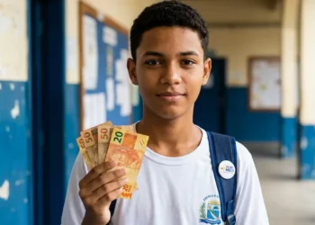 Estudante segurando notas de dinheiro do programa Pé-de-Meia, recebendo pagamento de junho.