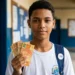 Estudante segurando notas de dinheiro do programa Pé-de-Meia, recebendo pagamento de junho.