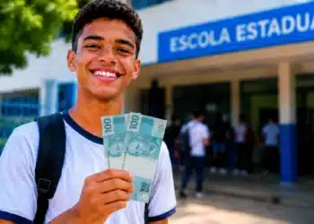 Estudante sorrindo em frente à escola segurando dinheiro, representando o pagamento do Pé-de-Meia de junho