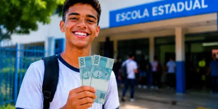 Estudante sorrindo em frente à escola segurando dinheiro, representando o pagamento do Pé-de-Meia de junho