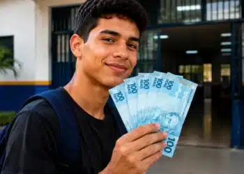 Jovem segurando cédulas de R$ 100, representando o pagamento do programa Pé-de-Meia, confirmado para junho, no valor de R$ 1.200.