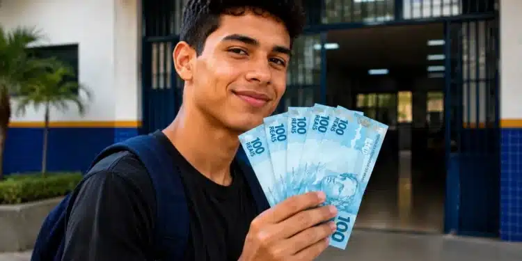 Jovem segurando cédulas de R$ 100, representando o pagamento do programa Pé-de-Meia, confirmado para junho, no valor de R$ 1.200.