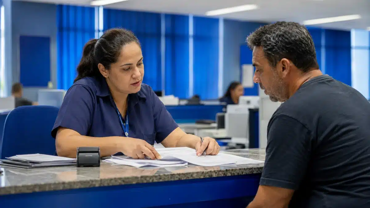 Programa de Gerenciamento de Benefícios - Agilidade no atendimento do INSS Servidora do INSS analisando documentos em atendimento presencial a cidadão, representando a modernização do Programa de Gerenciamento de Benefícios.