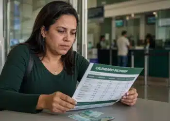 Mulher consulta calendário do PIS/Pasep em agência bancária com cédula de real sobre a mesa