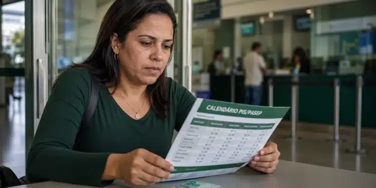 Mulher consulta calendário do PIS/Pasep em agência bancária com cédula de real sobre a mesa