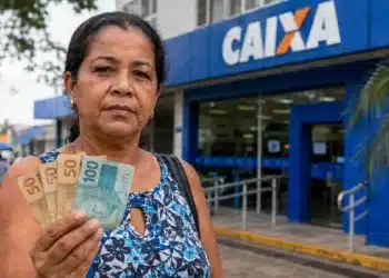 Mulher segurando dinheiro em frente a uma agência da Caixa Econômica Federal, representando a solicitação do valor de R$ 2.900 do PIS/Pasep