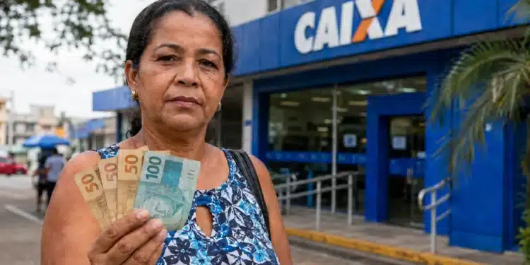 Mulher segurando dinheiro em frente a uma agência da Caixa Econômica Federal, representando a solicitação do valor de R$ 2.900 do PIS/Pasep