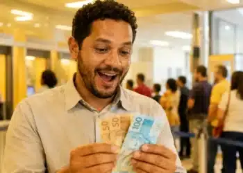 Trabalhador brasileiro segurando notas de reais com expressão de surpresa positiva em agência bancária, representando o pagamento do PIS/Pasep de R$ 4.151 em junho.