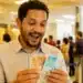 Trabalhador brasileiro segurando notas de reais com expressão de surpresa positiva em agência bancária, representando o pagamento do PIS/Pasep de R$ 4.151 em junho.
