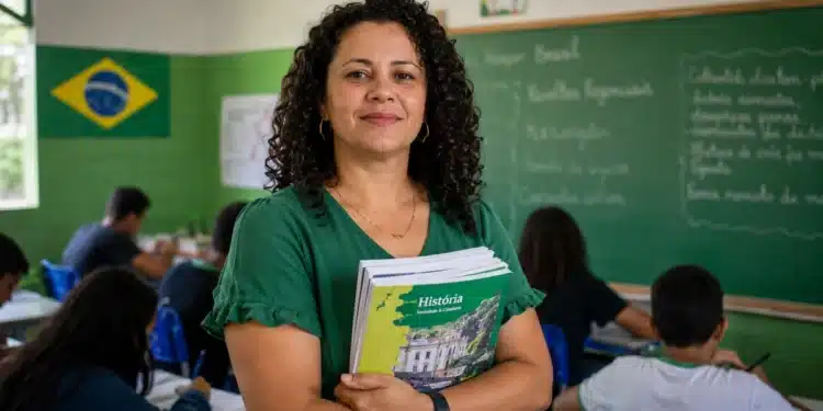 Professora brasileira em sala de aula pública segurando material didático, representando a valorização do piso salarial da educação básica.