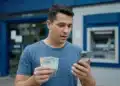 Homem consulta celular segurando dinheiro em frente a uma agência bancária, representando o Pix de até R$ 1.000 liberado pela Receita Federal.