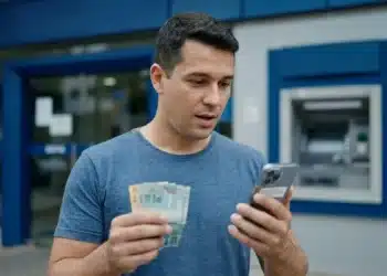 Homem consulta celular segurando dinheiro em frente a uma agência bancária, representando o Pix de até R$ 1.000 liberado pela Receita Federal.