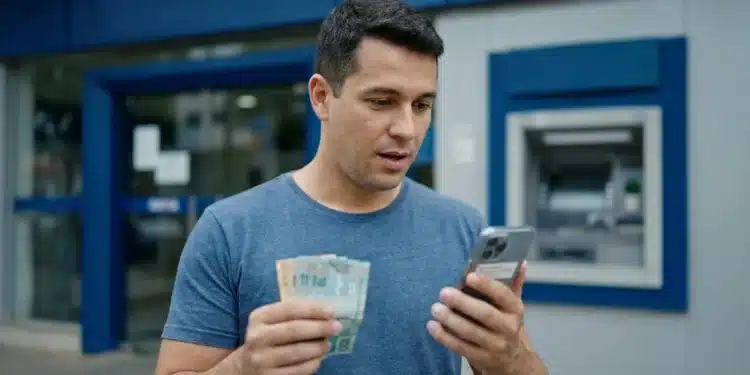 Homem consulta celular segurando dinheiro em frente a uma agência bancária, representando o Pix de até R$ 1.000 liberado pela Receita Federal.