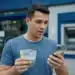 Homem consulta celular segurando dinheiro em frente a uma agência bancária, representando o Pix de até R$ 1.000 liberado pela Receita Federal.