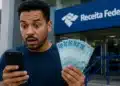 Homem surpreso consultando celular e segurando dinheiro em frente a prédio público, representando o Pix de R$ 1.000 da Receita Federal