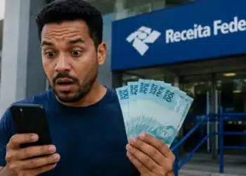 Homem surpreso consultando celular e segurando dinheiro em frente a prédio público, representando o Pix de R$ 1.000 da Receita Federal