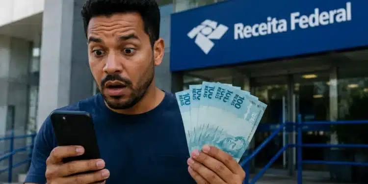 Homem surpreso consultando celular e segurando dinheiro em frente a prédio público, representando o Pix de R$ 1.000 da Receita Federal